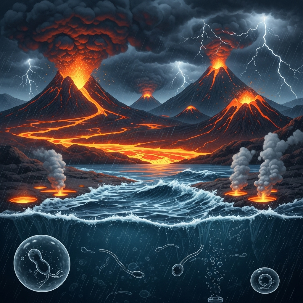 An illustration depicting the primeval Earth 3.8 billion years ago, with a hot, volcanic landscape, dark stormy skies, and a turbulent ocean where simple single-celled organisms are just beginning to form. Style: scientific illustration, no text.