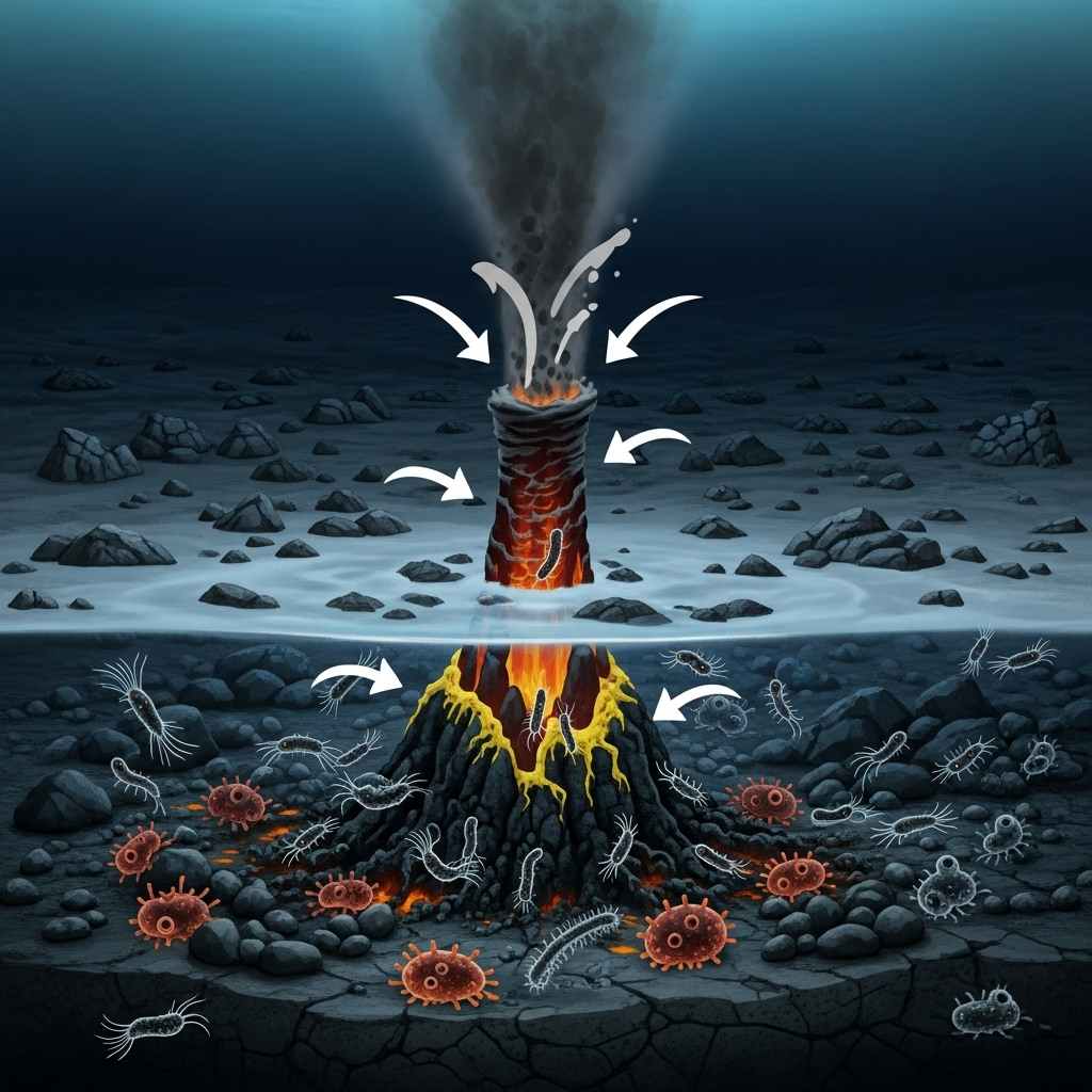 An illustration of a hydrothermal vent deep in a primitive ocean, emitting smoke and minerals. Around the vent, simple anaerobic and acidophilic bacteria are thriving in the extreme heat and sulfur-rich environment. Style: scientific infographic, no text.