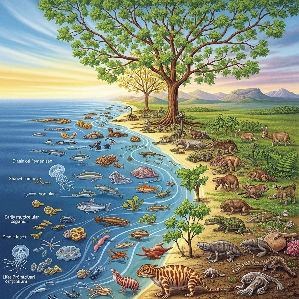 A vibrant illustration showing the evolutionary journey from simple single-celled organisms in the ocean to diverse life forms on land, including early plants and animals, symbolizing the tree of life. Style: educational illustration, no text.