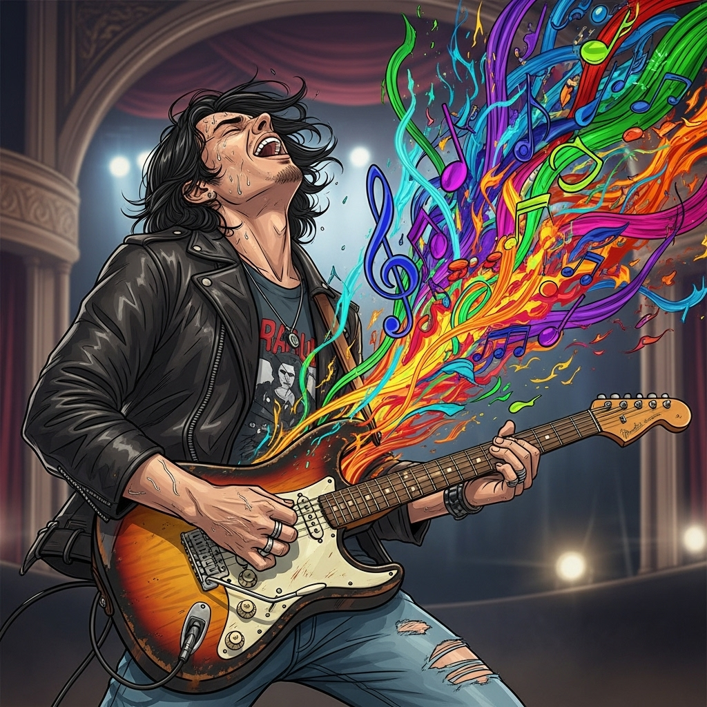 A dynamic illustration of a musician playing an instrument with intense passion, surrounded by vibrant, expressive musical notes. The background shows a subtle hint of a grand stage or concert hall. Focus on emotion and energy. No text.