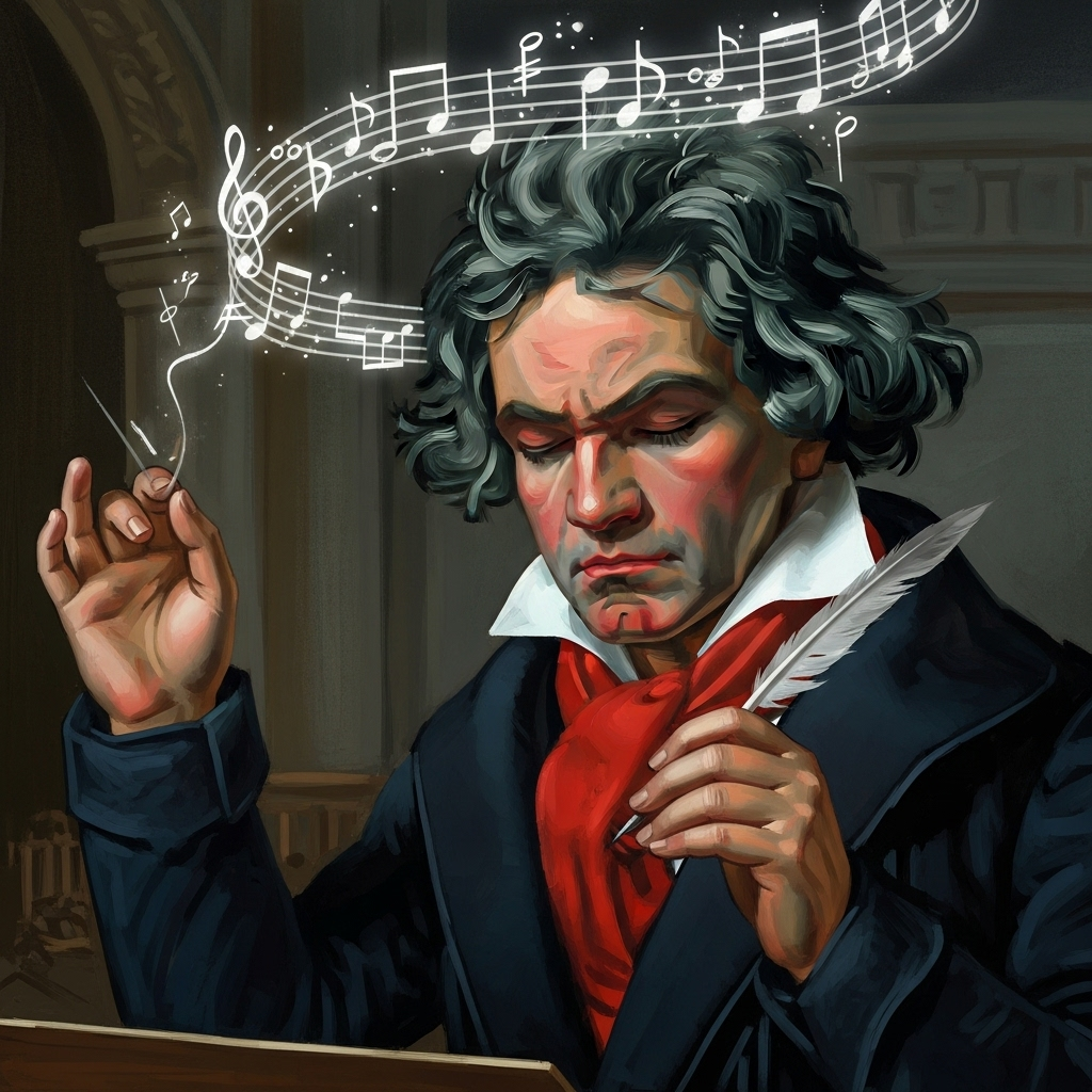 An artistic illustration depicting Ludwig van Beethoven, perhaps with a hint of his struggle with deafness, intensely focused on composing or conducting. Emphasize his profound emotional depth and dedication to music. Style: classical illustration. No text.