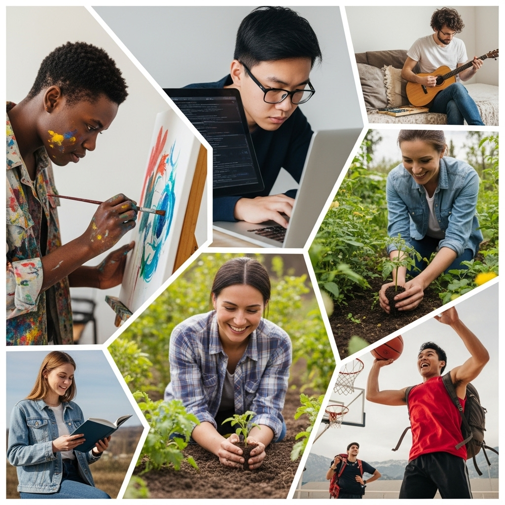 A collage-style lifestyle photography image showing diverse people engaged in different activities (e.g., painting, coding, gardening, sports) with expressions of joy and deep engagement, symbolizing passion in everyday life. Bright, natural lighting. No text.