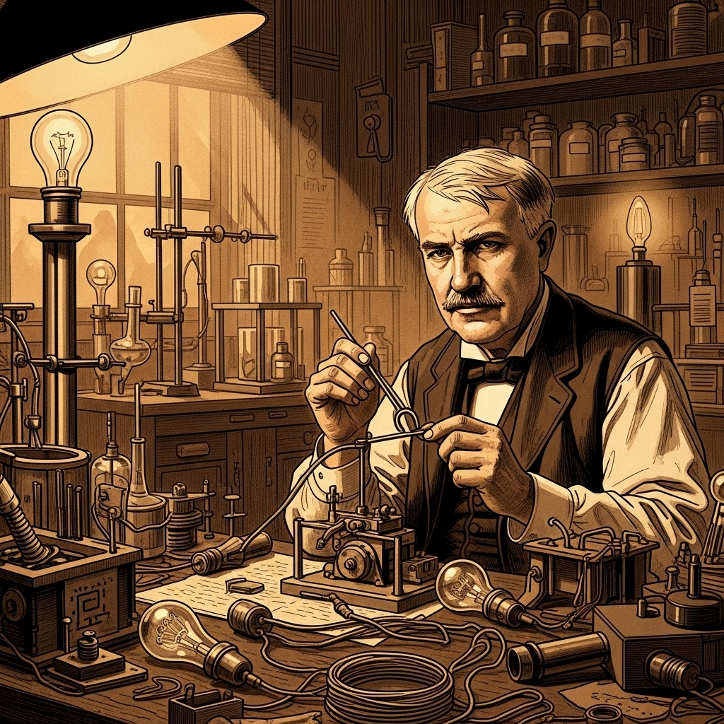 A dynamic illustration showing Thomas Edison in his laboratory, surrounded by early electrical inventions and failed prototypes. He is meticulously working, with a determined expression, symbolizing persistent experimentation and 'perspiration.' Historical illustration style, warm lighting, no text._천재는 1% 영감, 99% 노력: 에디슨 명언의 숨겨진 비밀 5가지