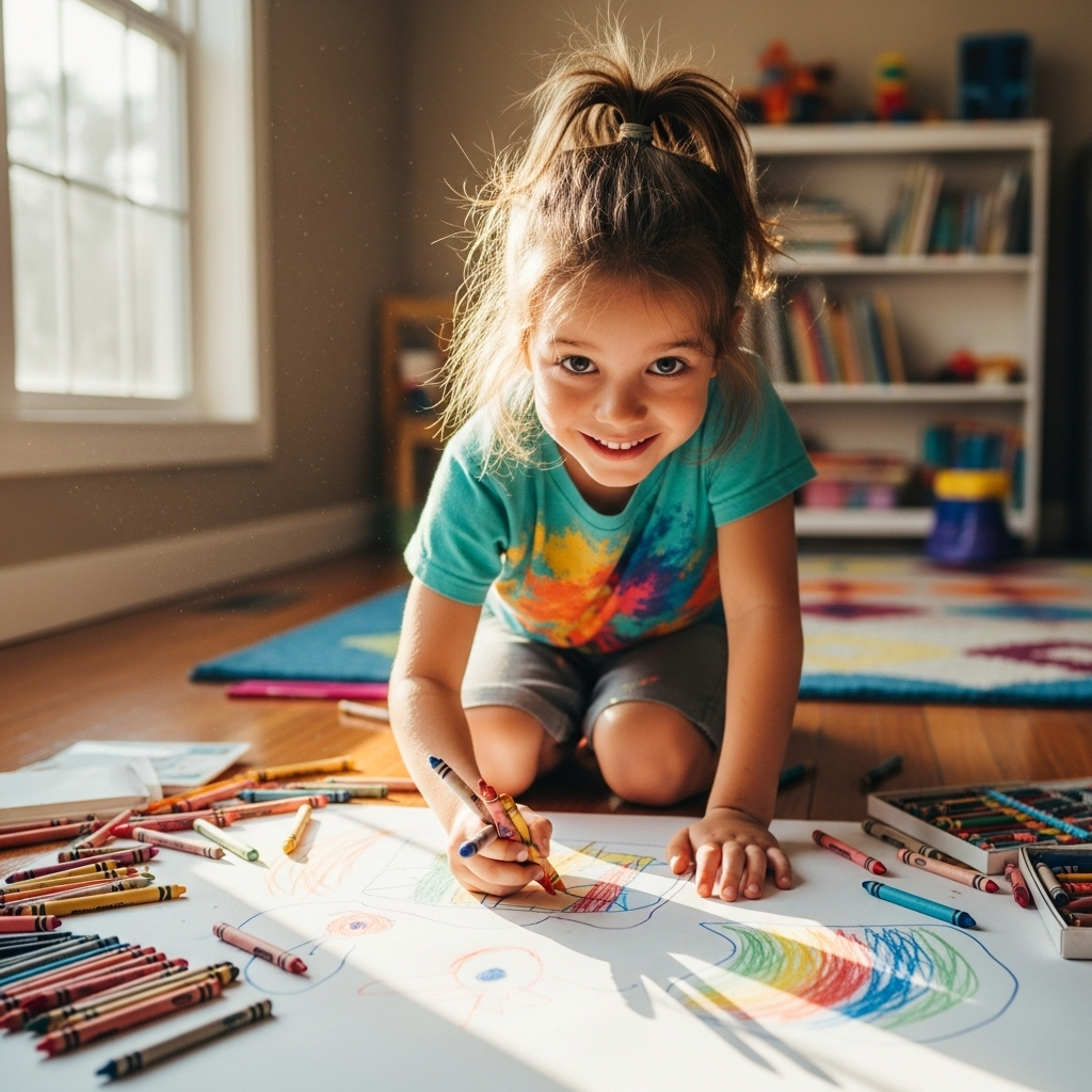A cheerful child, around 5-7 years old, engrossed in drawing with colorful crayons on a large paper spread on the floor. The room is bright, filled with a sense of playful creativity and imagination. Natural lighting. No text.