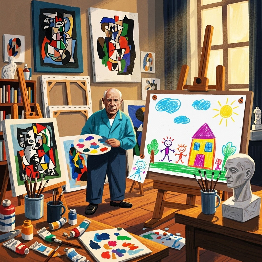 An artistic depiction of Pablo Picasso's studio, filled with canvases and art supplies, contrasting with a simple, vibrant child's drawing placed prominently. The scene conveys a blend of sophisticated art and naive creativity. Illustration style. No text.