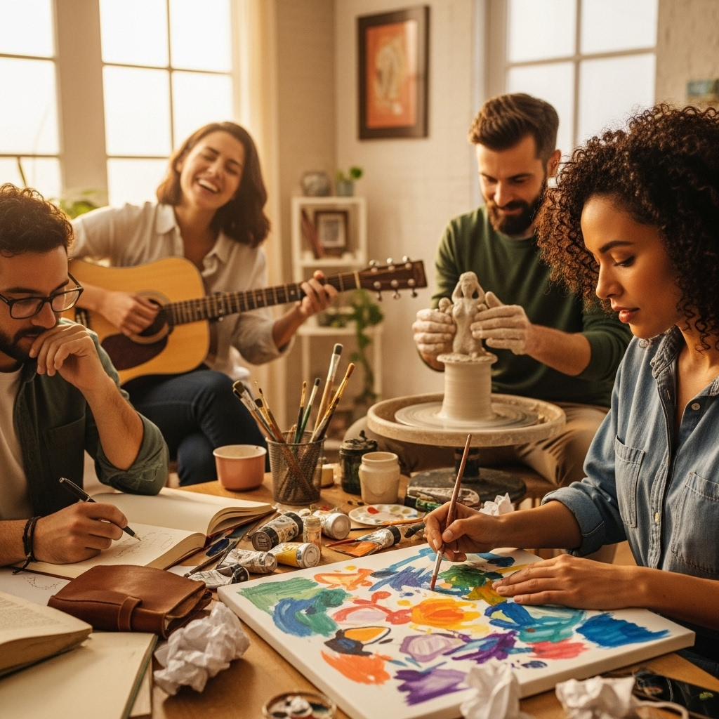 A diverse group of adults, each engaged in a different creative activity: one painting on a canvas, another writing in a journal, a third playing a musical instrument, and a fourth sculpting clay. They all show expressions of joy and concentration. Lifestyle photography, warm lighting. No text.