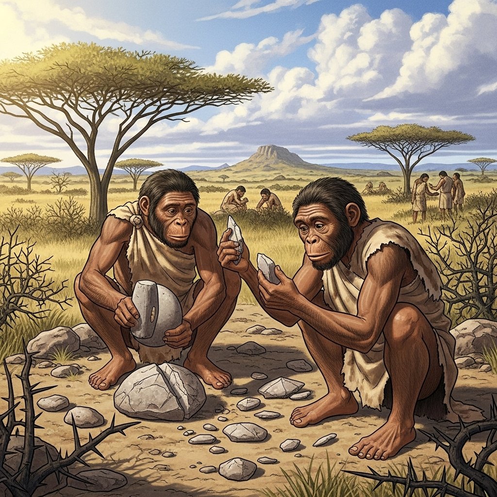An illustration depicting early humans 2.6 million years ago, focused on creating simple stone tools. Show rudimentary tools being chipped from stones, with a prehistoric landscape in the background. The atmosphere is one of discovery and innovation. Illustration style, no text.