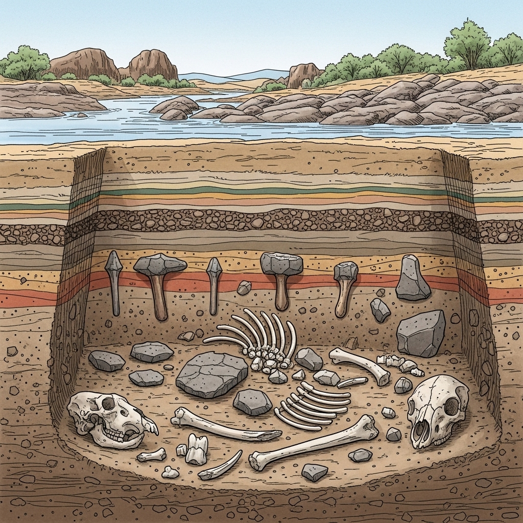 An archaeological illustration of the Kada Gona riverbank in Ethiopia, showing excavated Olduvai stone tools alongside animal bones. The tools are crude, chipped stones. Emphasize the historical and scientific discovery. Illustration style, no text.