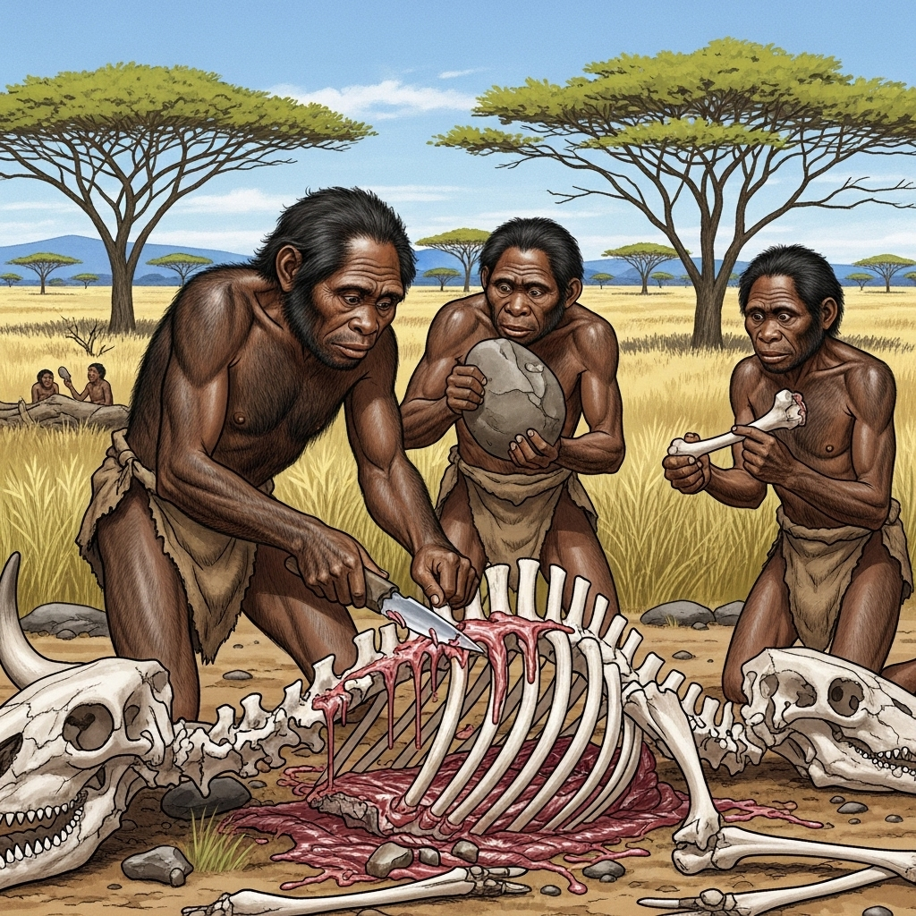 A scene illustrating early humans using crude Olduvai-like stone tools to scavenge meat from animal bones left by predators. The setting is a prehistoric landscape, showing survival strategies. Focus on the interaction between humans, tools, and animal remains. Illustration style, no text.