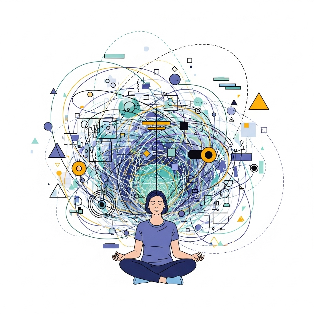A person sitting calmly amidst swirling, complex information visualized as abstract lines and shapes, eyes closed, suggesting deep introspection to find core truth. Style: clean infographic illustration. No text.