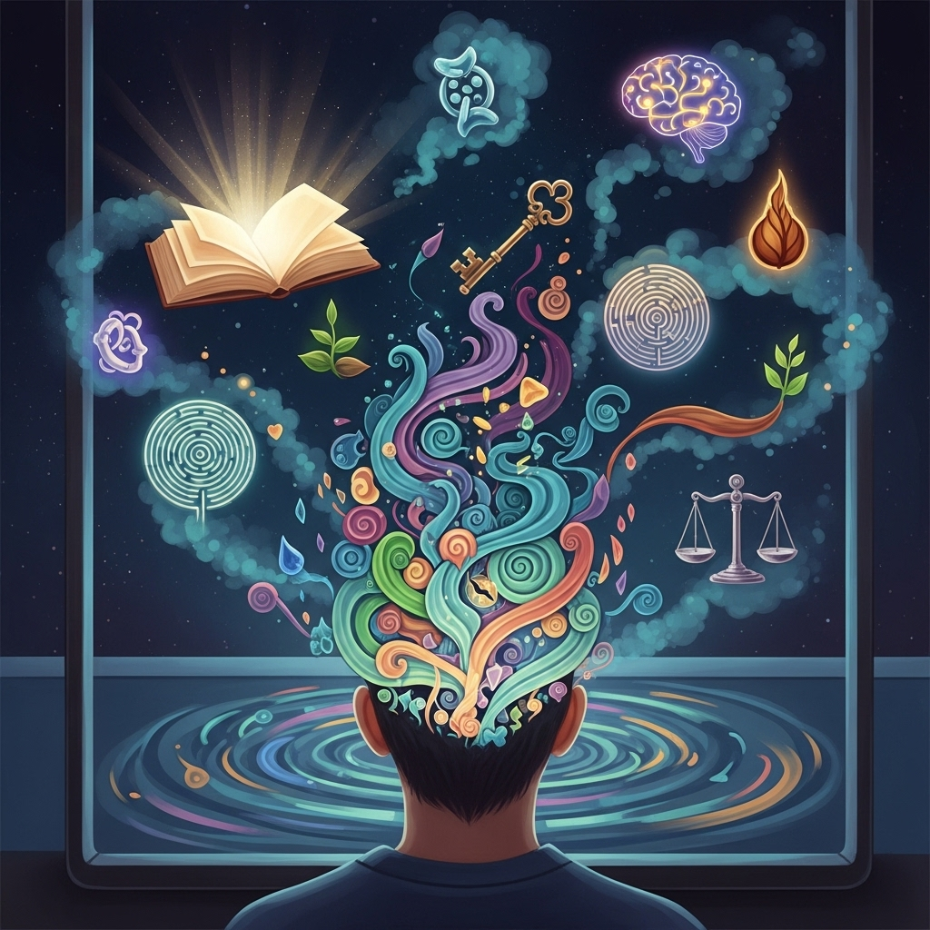 A person looking into a reflective surface, not seeing their own reflection but rather abstract concepts and thoughts, with diverse symbols representing wisdom and introspection floating around. Style: surreal illustration. No text.