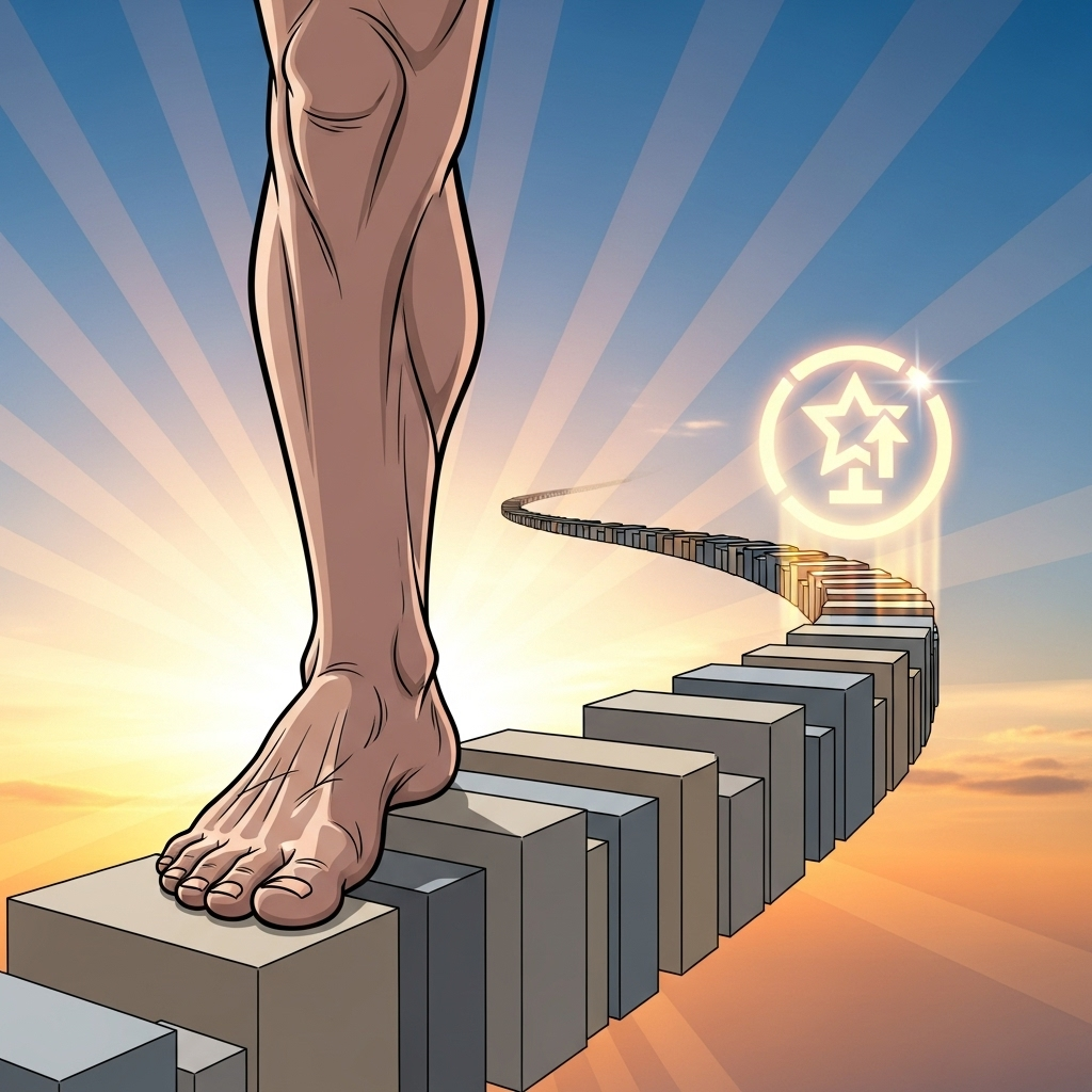 A dynamic infographic-style illustration showing a single, strong foot stepping forward onto a path made of foundational building blocks, leading towards a glowing success icon. The background is a bright, optimistic sunrise. No text in image.