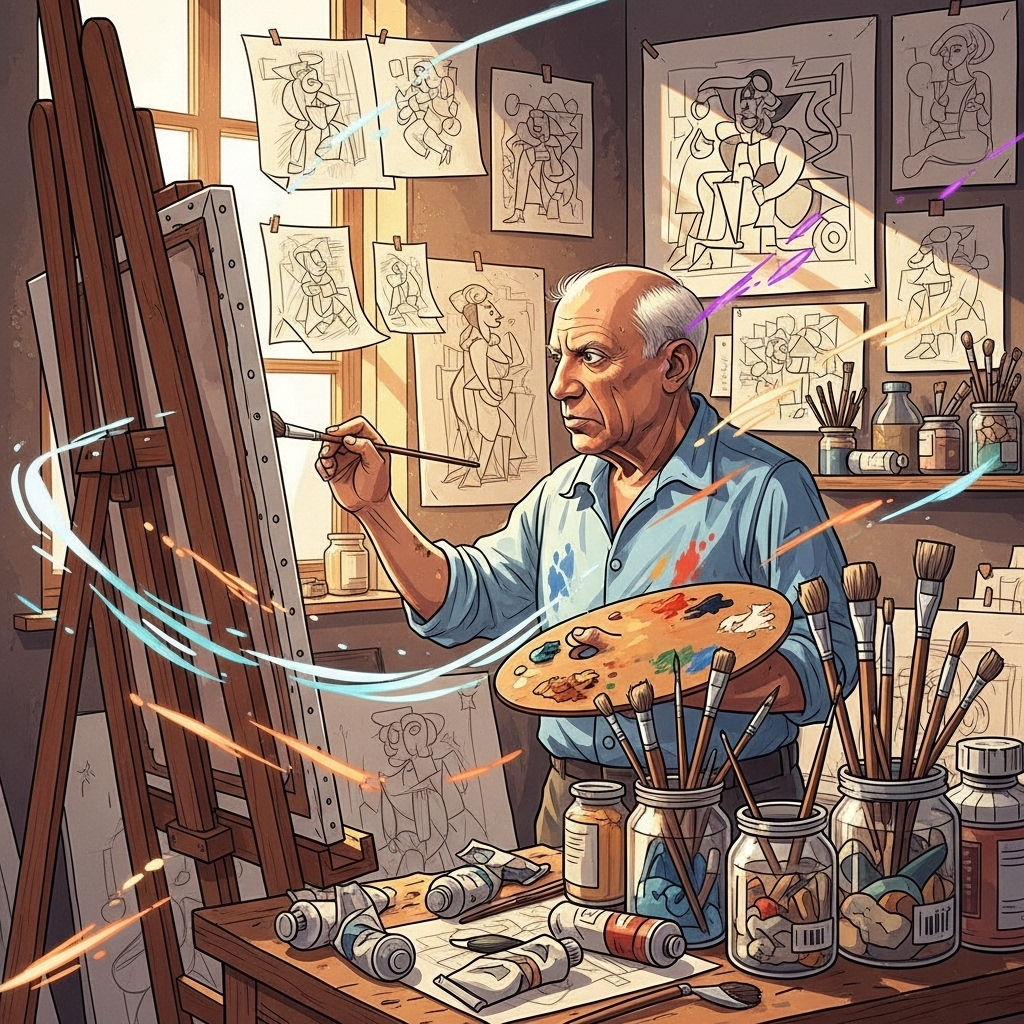 An illustrative depiction of Pablo Picasso in his studio, surrounded by various artistic tools and sketches, actively painting on a canvas. The scene highlights the creative process and the physical act of creation, with a sense of energy and flow. Style: artistic illustration. No text in image.