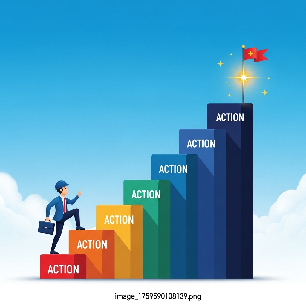 A vibrant illustration showing a person climbing a series of steps or blocks, each representing an 'action' or 'step', with a clear goal (like a flag or a shining star) at the top. The background is an encouraging, bright blue sky. Style: clean infographic. No text in image.