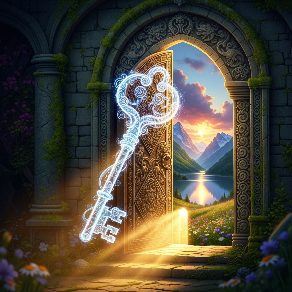 A stylized key made of swirling light and imagination, opening a magical door to a vibrant, realistic landscape. The key represents the power of the mind to manifest reality. Fantasy art style, no text.