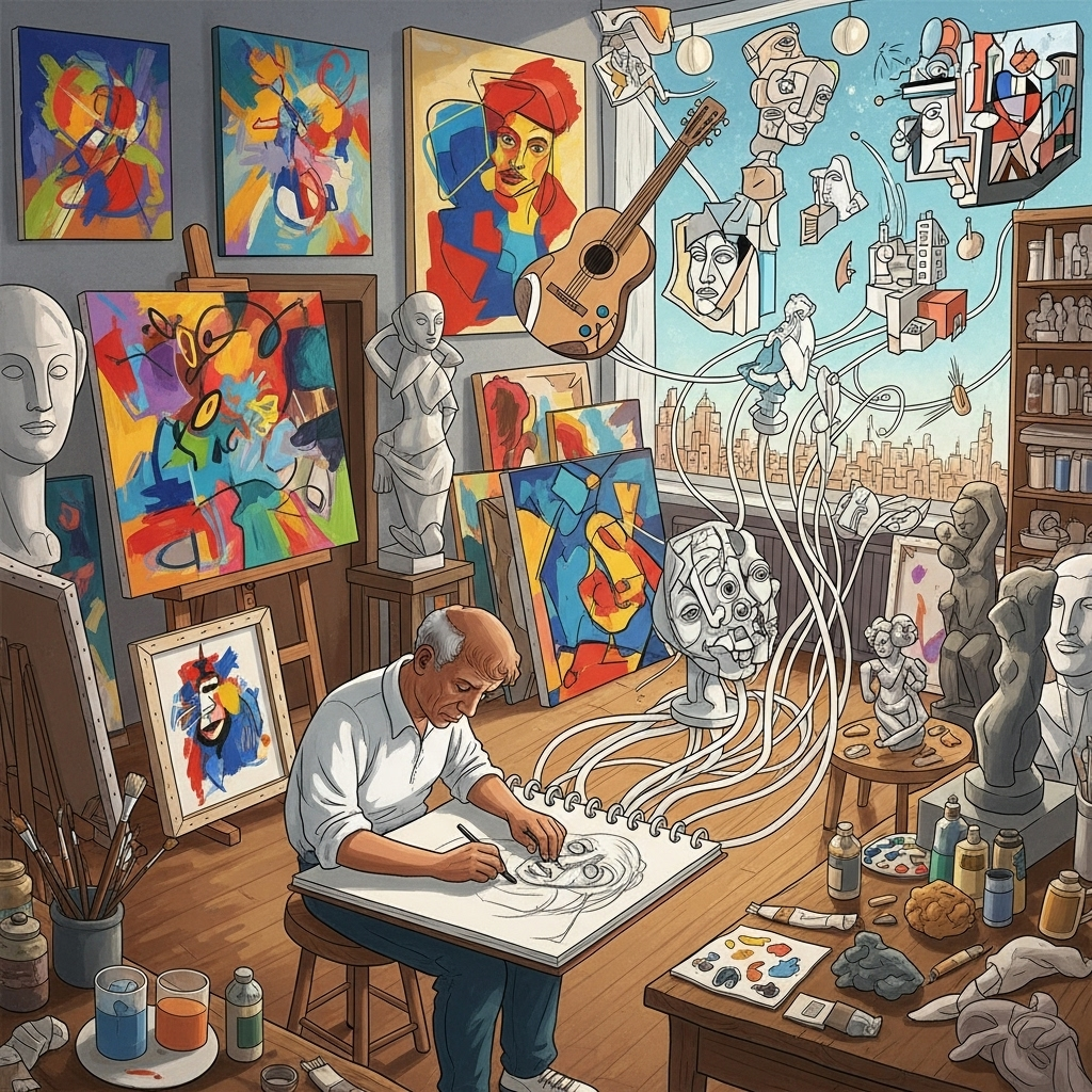 An artist's studio filled with vibrant, abstract paintings, sculptures, and art supplies. A figure resembling Pablo Picasso is sketching with intense focus, and the lines from his sketch transform into tangible objects in the background, illustrating imagination becoming real. Artistic illustration, no text.