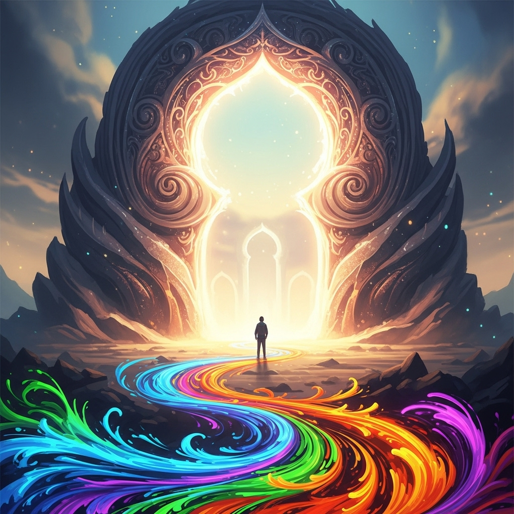 A person stands before a grand, glowing archway that symbolizes infinite possibilities. The path leading to the archway is filled with vibrant, swirling colors representing creativity and imagination. The overall atmosphere is hopeful and inspiring. Digital painting, no text.