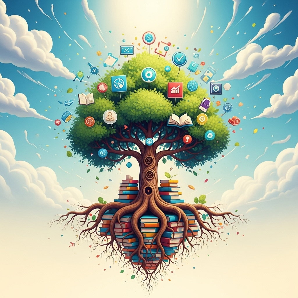 A vibrant, stylized illustration of a flourishing tree with roots deeply embedded in books, and its branches reaching towards a bright, open sky. The tree is surrounded by diverse symbols of knowledge and discovery, suggesting continuous learning and growth. The overall atmosphere is positive and inspiring. No text.