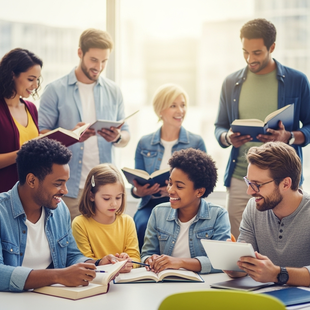 A diverse group of people of all ages, depicted in a modern, inclusive library or learning space, engaging with various forms of knowledge. Some are reading books, others are discussing, some are using tablets. Bright, soft light illuminates their focused and joyful expressions, symbolizing the enriching power of learning. Style: lifestyle photography. No text.