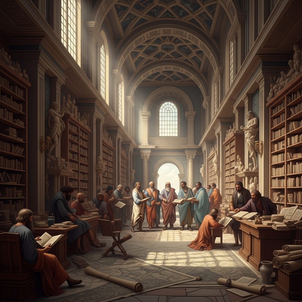 An atmospheric illustration of an ancient, grand library filled with scrolls and intricate maps. Scholars and philosophers are engrossed in reading and discussion, illuminated by soft, natural light filtering through tall windows. The scene evokes a sense of timeless pursuit of knowledge and wisdom. Style: historical illustration. No text.
