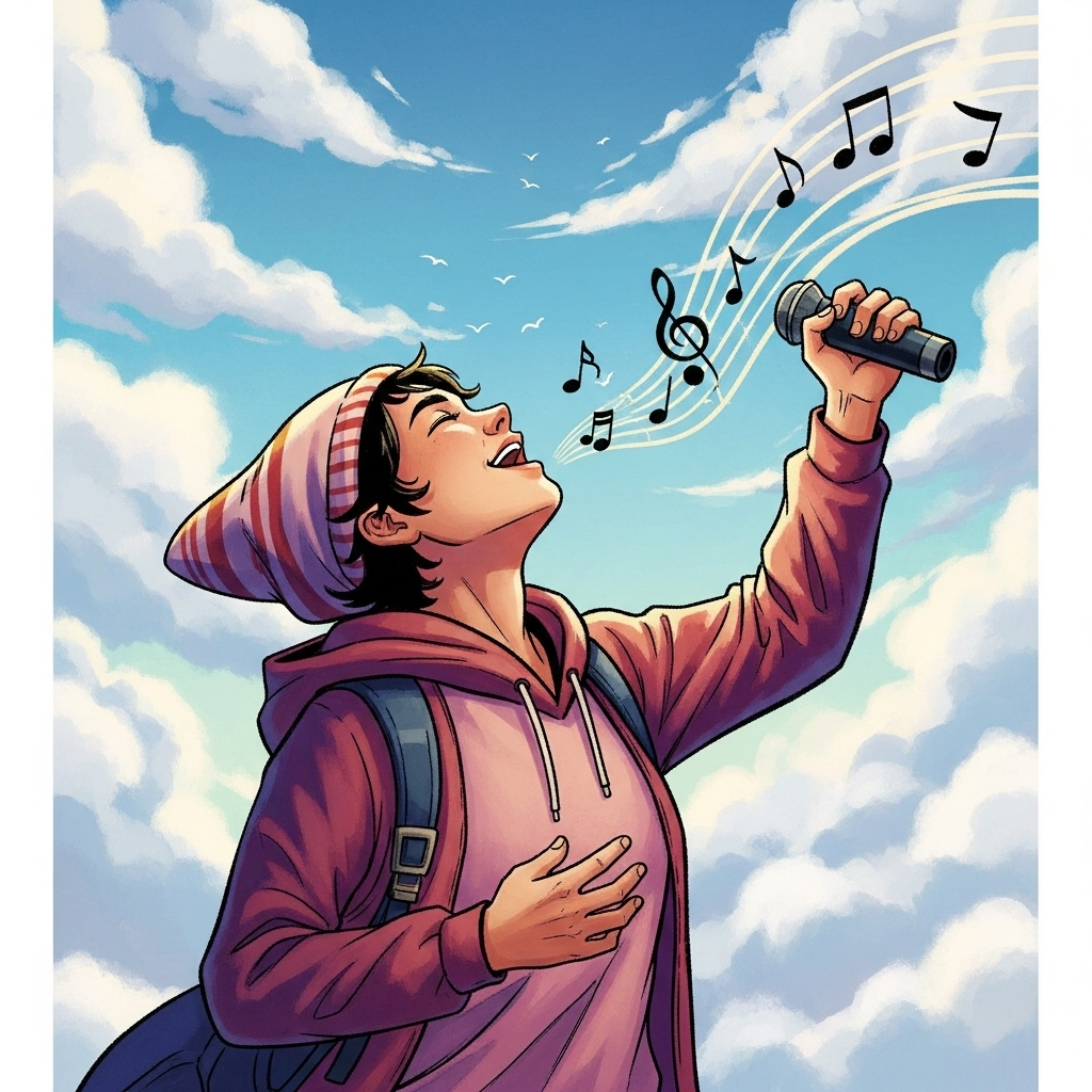 A vibrant illustration of a person with a joyful expression, sitting or standing on the ground instead of flying, but passionately singing. There are musical notes floating around them, and their face is looking upwards with hope. The background shows a sky with clouds. Style: expressive illustration, no text.