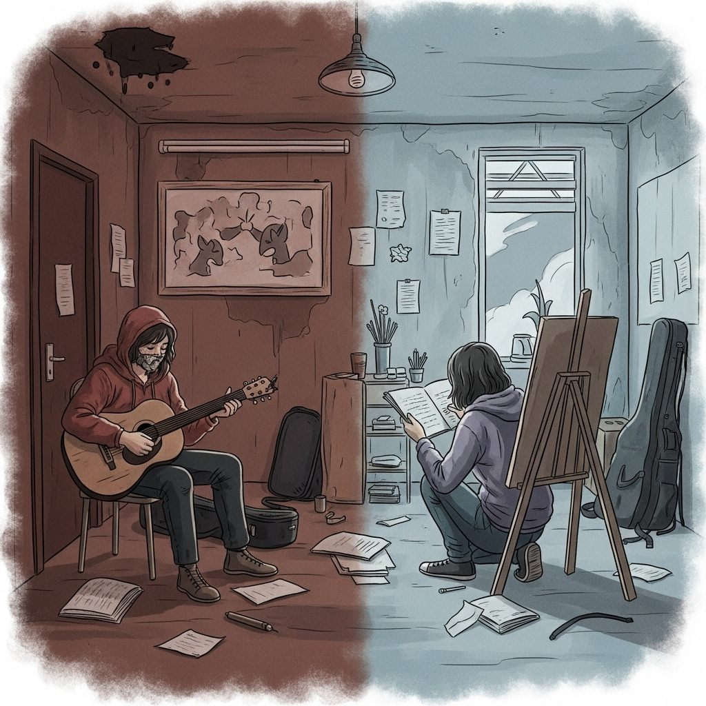 A person in a challenging environment (e.g., a stormy landscape or a dimly lit room) discovers a hidden talent or passion. They are no longer struggling but are now focused on an activity that brings them joy and purpose, like playing an instrument, writing, or painting. The atmosphere shifts from bleak to hopeful. Style: narrative illustration, no text.