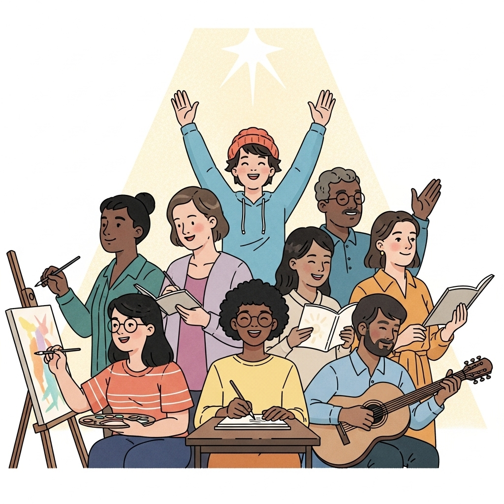A hopeful and uplifting scene where a diverse group of people, each engaging in a different form of 'singing' their life (e.g., one is painting, another is writing, one is playing an instrument, another is simply smiling and radiating warmth), stand together. A bright light shines down on them, symbolizing hope and new possibilities. Style: inspiring and diverse illustration, no text.