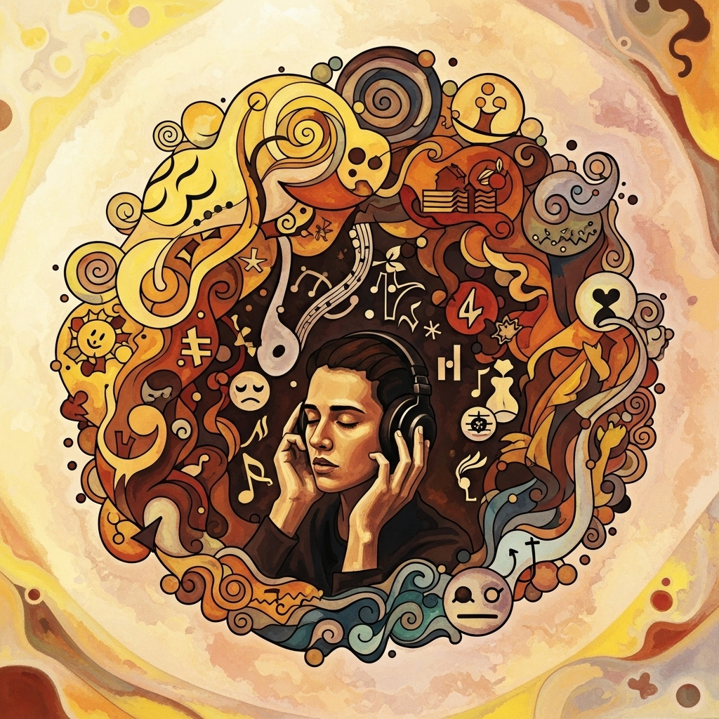 A thought-provoking illustration of a person deeply engrossed in music, surrounded by abstract representations of emotions and life events. The style is philosophical and artistic, with warm, inviting colors. No text in image.