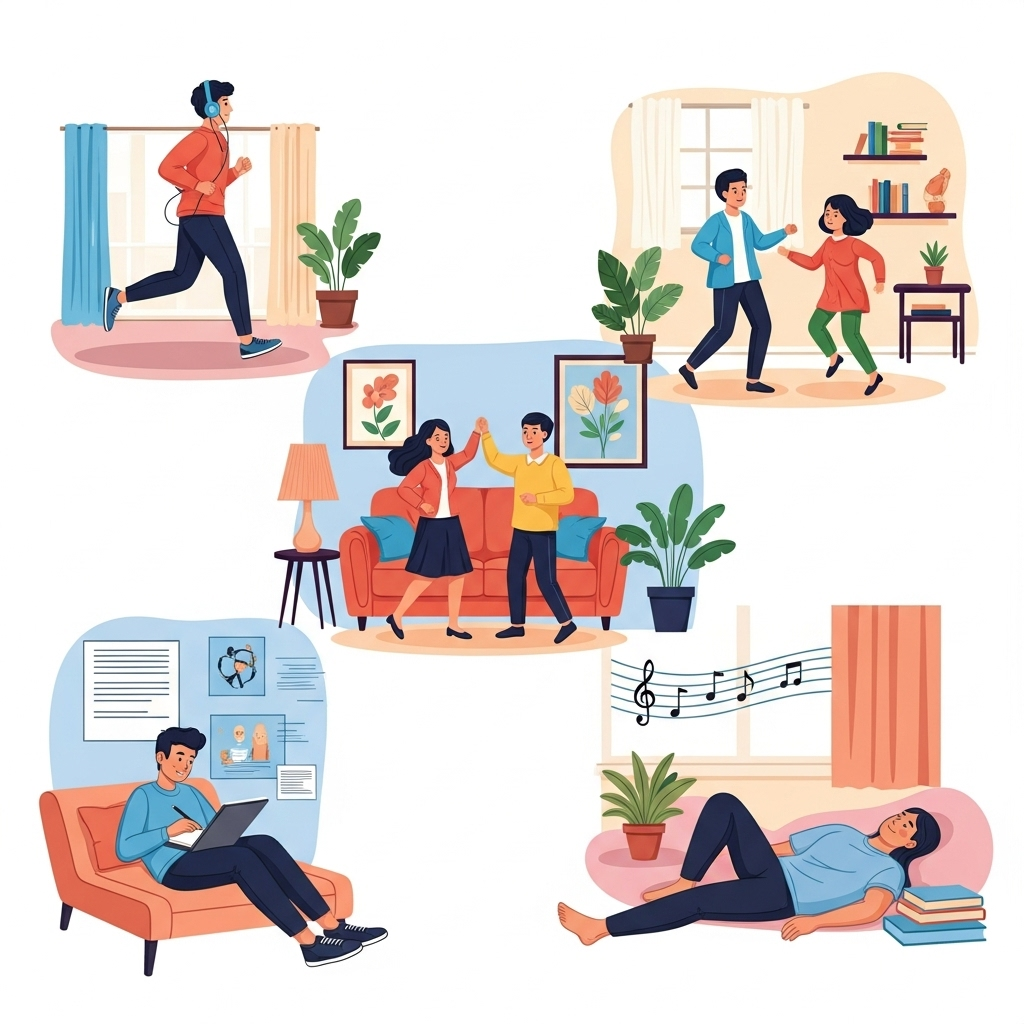 A vibrant and diverse illustration showcasing different people enjoying music in various daily activities: someone jogging with headphones, a family dancing in their living room, a student studying with background music, and a person relaxing with a calming melody. The atmosphere is joyful and harmonious. No text in image.