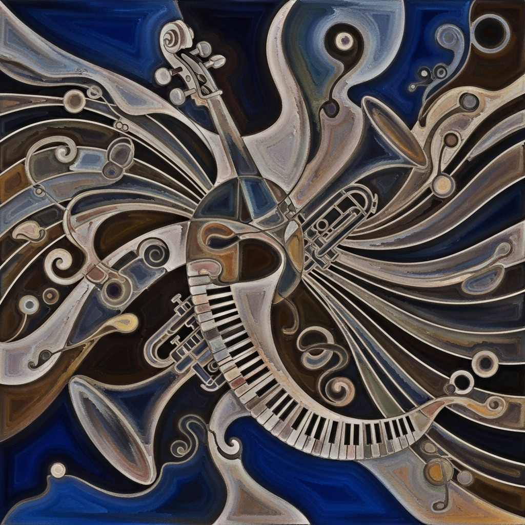 A sophisticated illustration depicting philosophical concepts intertwined with musical elements. Think abstract shapes, flowing lines representing sound waves, and classical instruments subtly integrated. The color palette is deep and thoughtful, evoking introspection. No text in image.