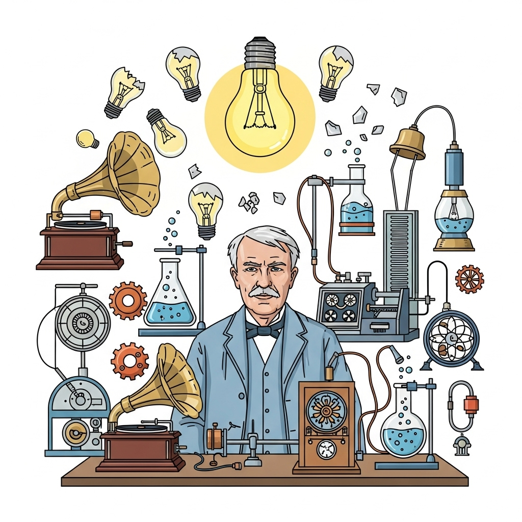An illustration of Thomas Edison in his laboratory, surrounded by various inventions and experiments, with a glowing light bulb as a symbol of success amidst many trials. The scene conveys perseverance and innovation, clean infographic style, no text.