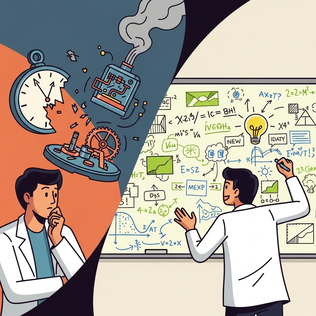 A stylized illustration depicting a person looking thoughtfully at a broken mechanism or failed experiment, then turning to a whiteboard with new ideas being drawn, symbolizing learning from mistakes and iterating towards success. The color palette is inspiring, illustration style, no text.
