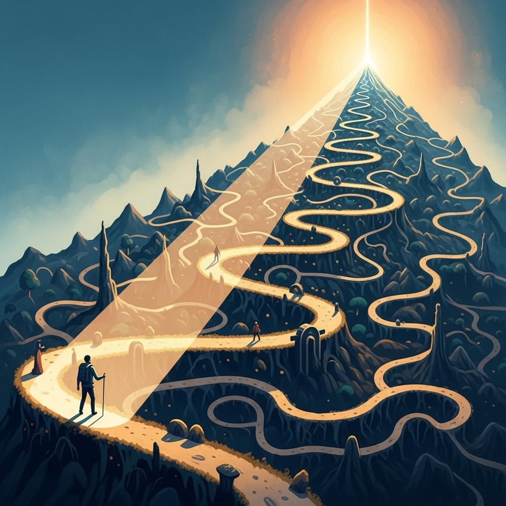 A metaphorical illustration of a person climbing a winding path with several detours and obstacles labeled "trial," but ultimately reaching a peak labeled "success." The path is illuminated by a beacon, symbolizing learning and perseverance. Artistic, inspiring illustration style, no text.