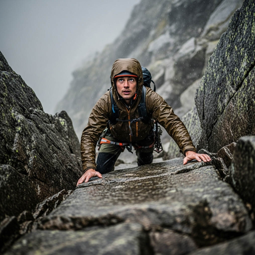 A determined person climbing a steep, rocky mountain path, rain lightly falling, symbolizing perseverance and overcoming obstacles. The person is looking up with resolve. Realistic style, natural lighting, no text.