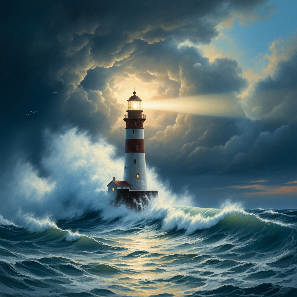 A powerful lighthouse standing strong against a stormy, dark sea, waves crashing around it. A single beam of light cuts through the darkness, symbolizing hope and resilience in the face of adversity. Dynamic, realistic painting style, no text.