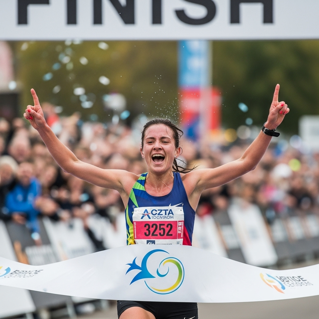 A determined marathon runner, slightly sweaty but with a triumphant expression, crossing the finish line of a race with spectators cheering in the background. The runner's posture shows exertion but also elation. Dynamic, realistic photography style, no text.