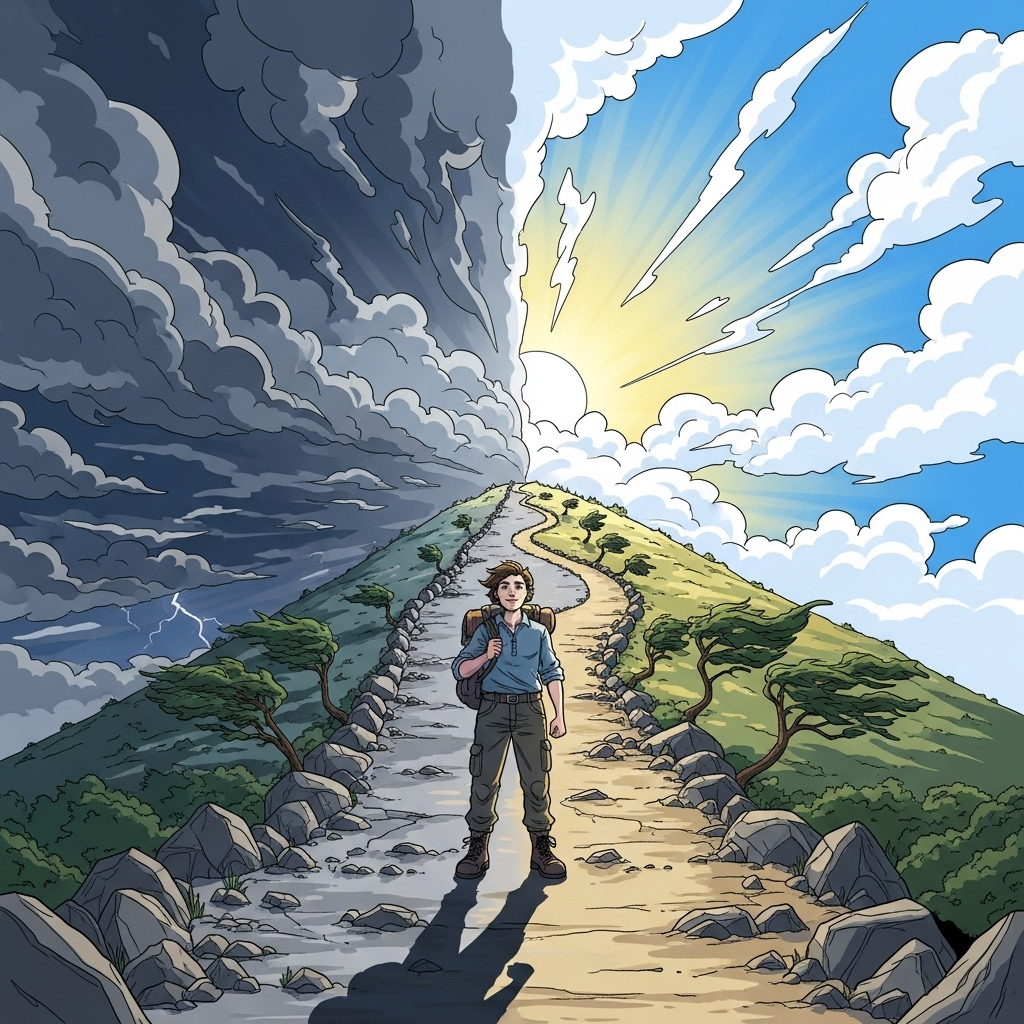 A determined person standing at a crossroads, looking confidently towards a challenging path. The background features both cloudy skies representing fear and bright skies symbolizing hope and success. Style: dynamic illustration, no text.