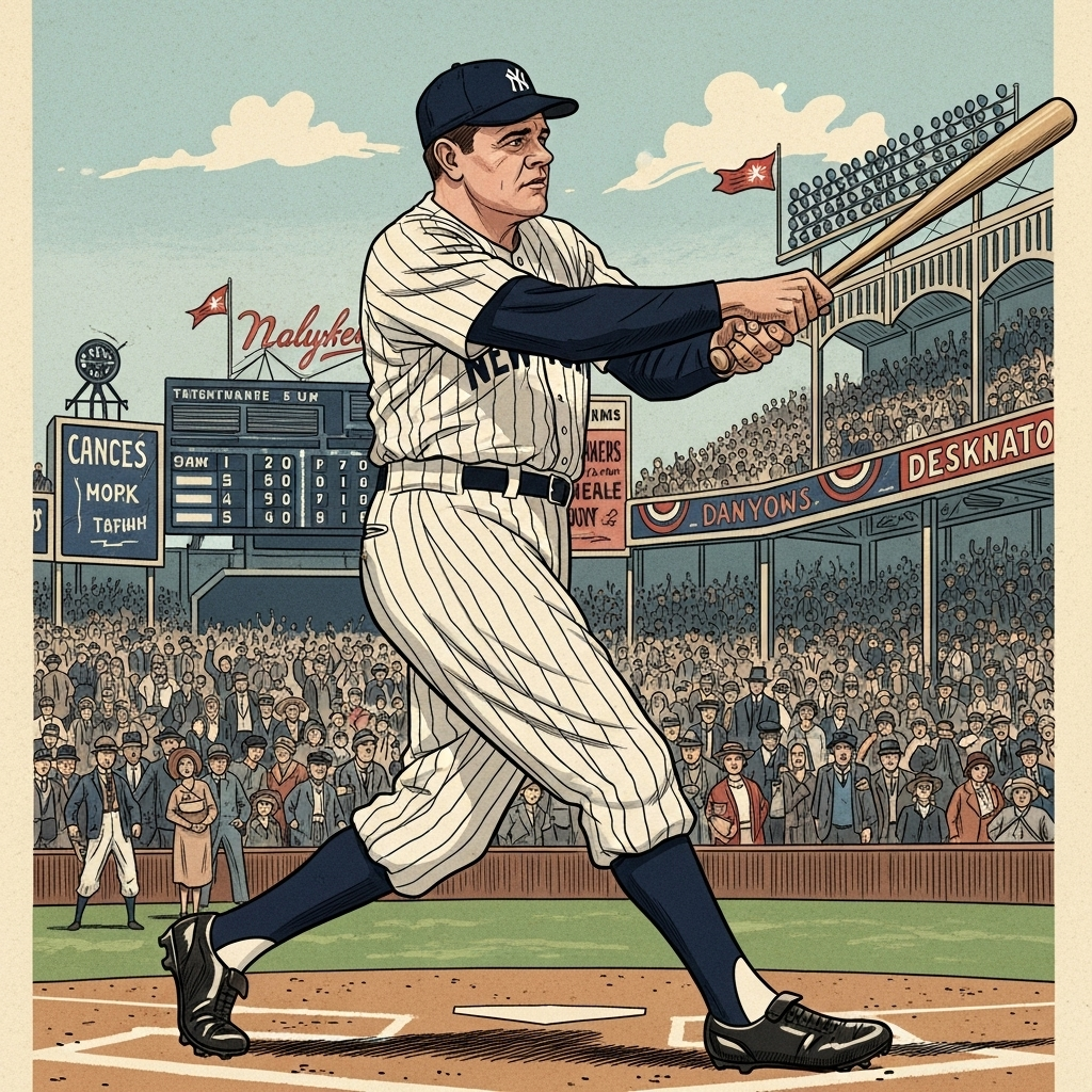 A vintage-style illustration of Babe Ruth in his baseball uniform, mid-swing with a baseball bat. The background shows a classic baseball stadium filled with cheering fans. Emphasize the power and determination in his posture. Style: classic illustration, no text.