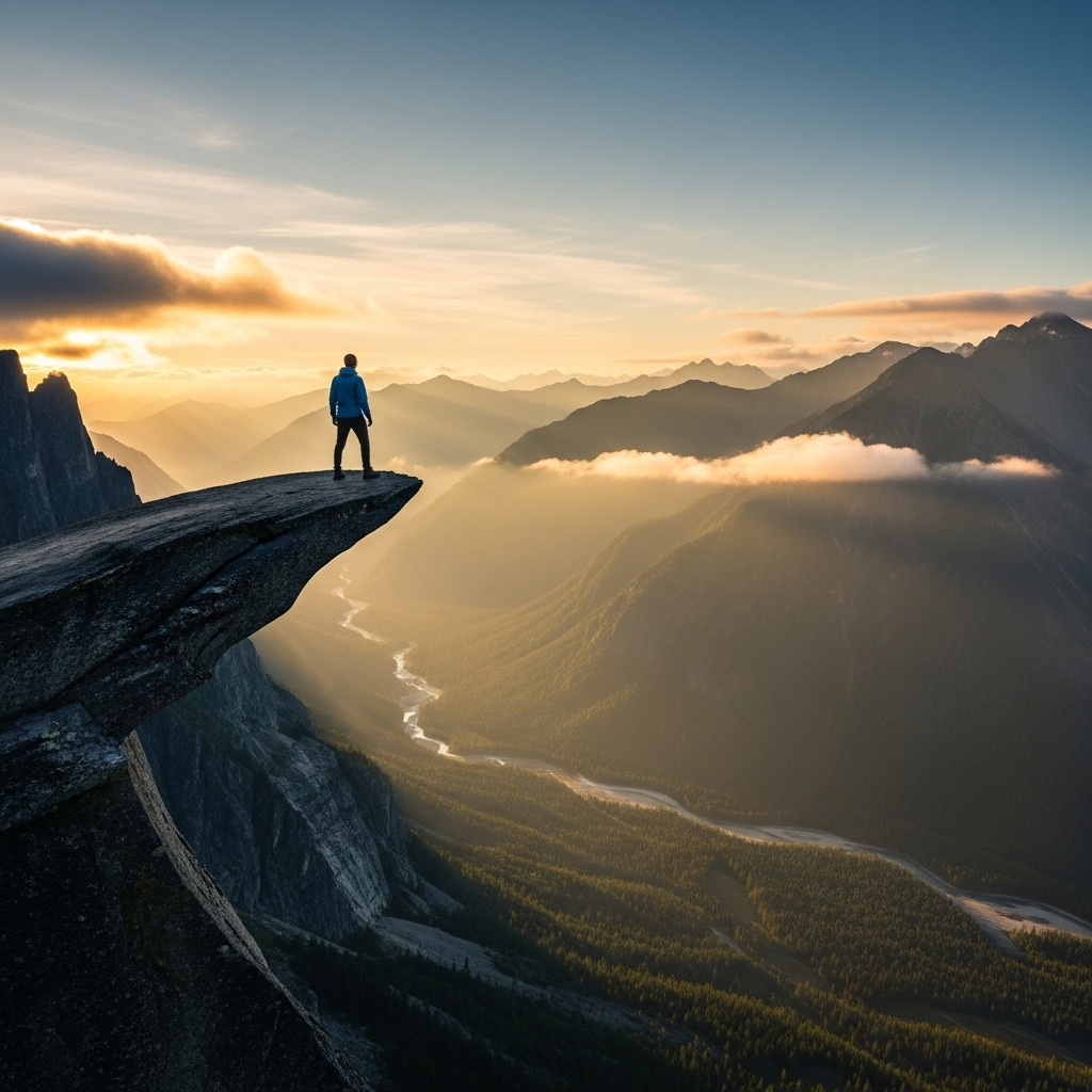 A person standing on the edge of a mountain cliff, looking out at a vast, beautiful landscape with a sense of awe and determination. The sun is rising, casting warm light. Style: inspiring landscape photography, no text.