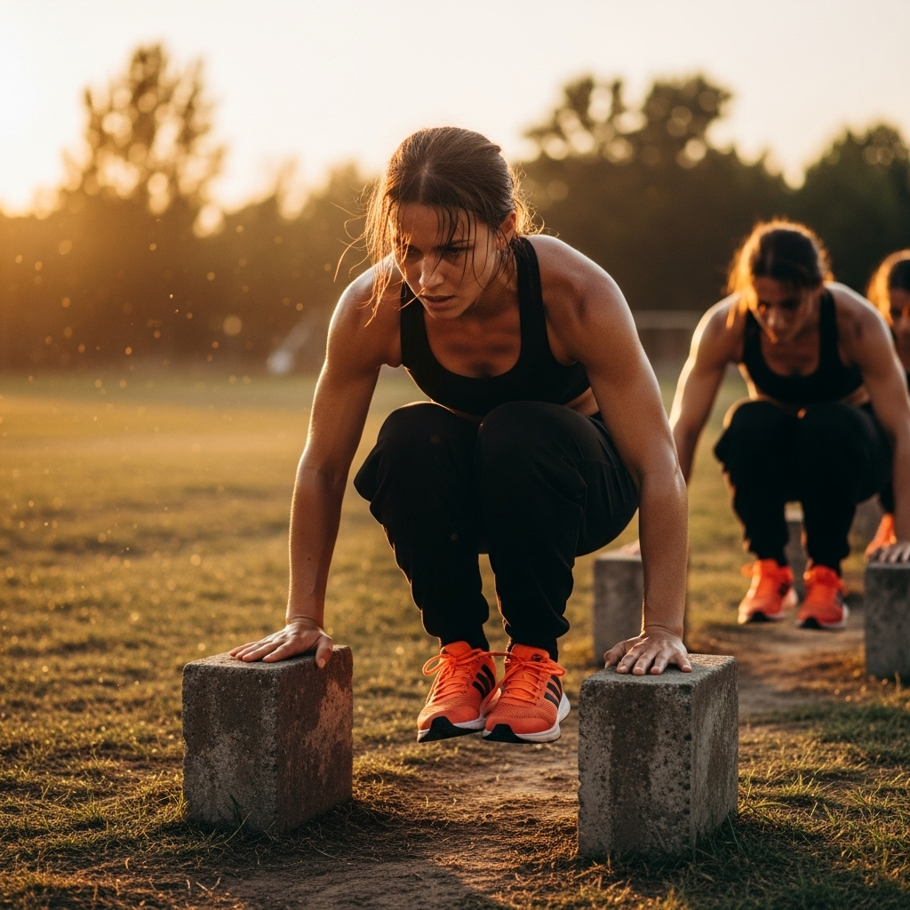 A determined athlete, drenched in sweat, repeatedly practicing a difficult move until it's perfect. The setting is a training field at dusk, with soft, inspiring lighting. Focus on perseverance and dedication. Lifestyle photography, no text.