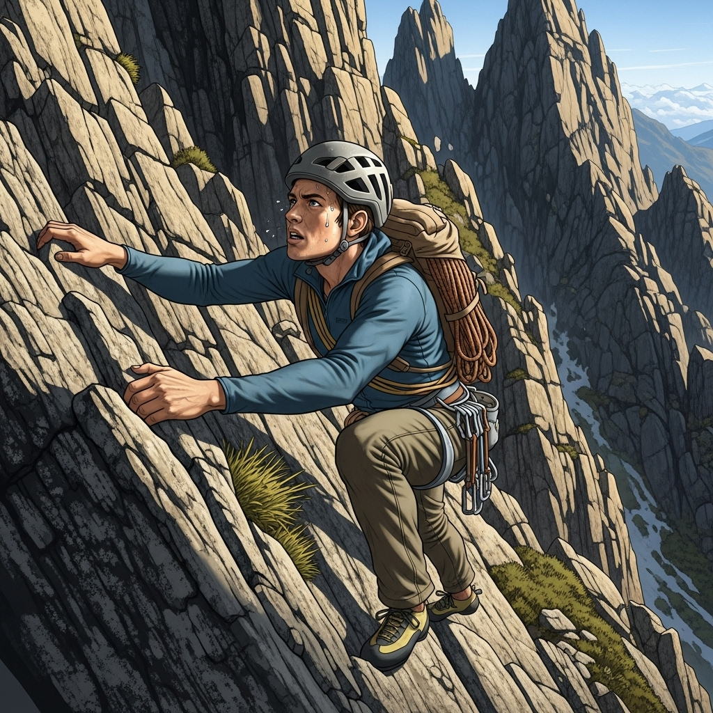 A person climbing a challenging mountain path, showing determination and focus. The mountain is steep and rocky, symbolizing obstacles, but the person is steadily moving forward. Natural lighting, realistic illustration, no text.