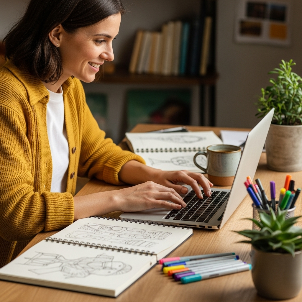 A person deeply focused and smiling while working on a laptop, surrounded by creative tools like sketchbooks and pens. The atmosphere is warm and inspiring, showing genuine enjoyment in their task. Style: lifestyle photography. No text.