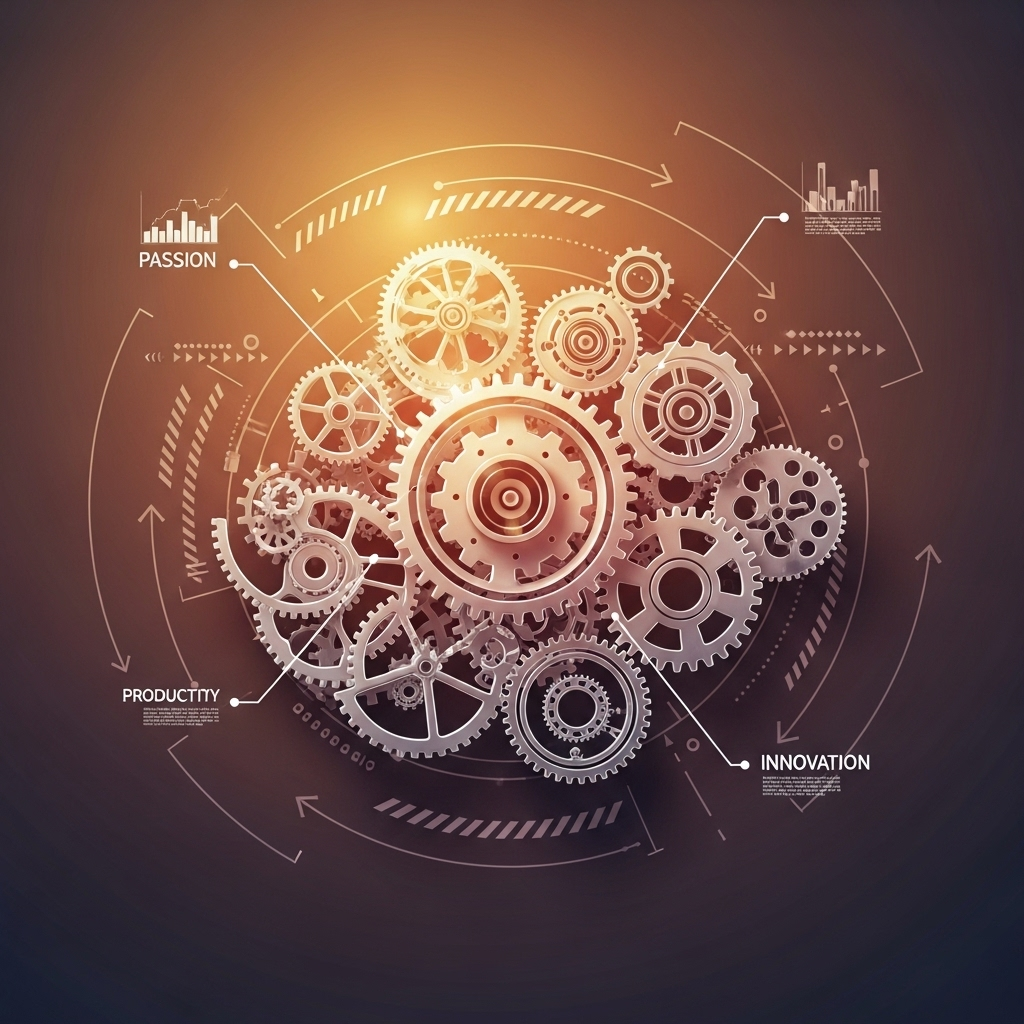 A complex system of interconnected gears working in harmony, symbolizing passion driving productivity and innovation. The gears are sleek and modern, bathed in warm, dynamic lighting. Style: infographic. No text.