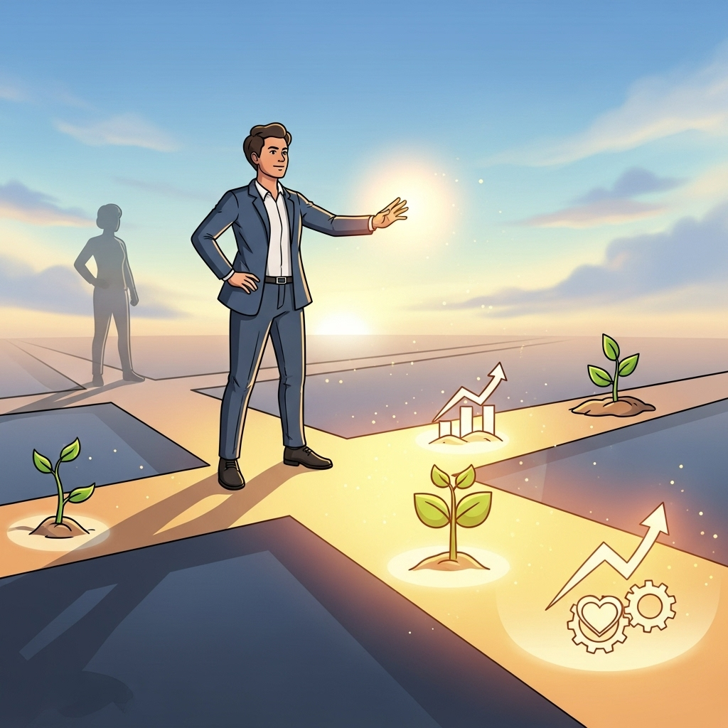 A person standing at a crossroads, confidently choosing one path that glows with opportunity, symbolizing self-determination and aligning work with personal values. Style: illustration. No text.