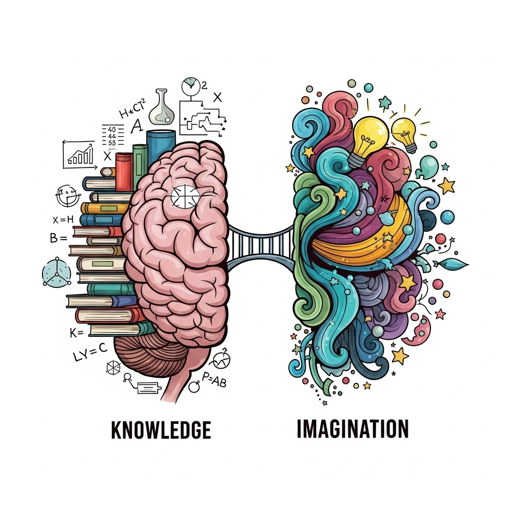 An infographic showing a brain with two distinct sides. One side represents "Knowledge" with books, formulas, and structured data. The other side represents "Imagination" with swirling colors, abstract shapes, light bulbs, and stars. A bridge or connection links them, emphasizing that imagination goes beyond knowledge. Clean infographic style, no text.
