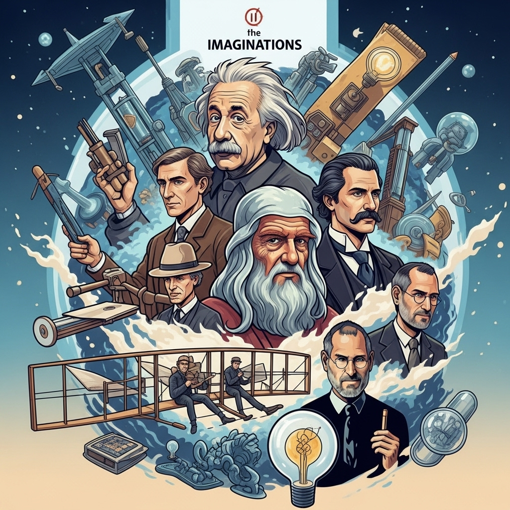 A dynamic illustration depicting historical figures known for their imaginative breakthroughs (e.g., Albert Einstein, Leonardo da Vinci, Wright brothers, Steve Jobs) surrounded by their iconic inventions or ideas. The background is a blend of futuristic elements and classic imagery, symbolizing the impact of imagination across time. Illustration style, no text.