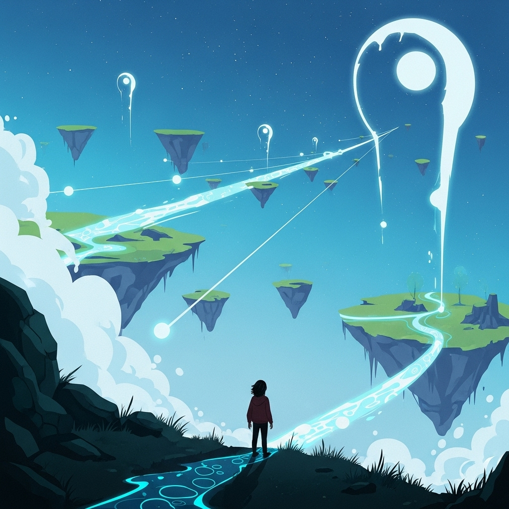A surreal, dreamlike landscape where a person stands at the edge of a vast, unexplored world. Abstract elements like floating islands, glowing pathways, and unseen possibilities stretch into the horizon, symbolizing the boundless nature of imagination leading to new discoveries. The overall mood is inspiring and hopeful. Illustration style, no text.
