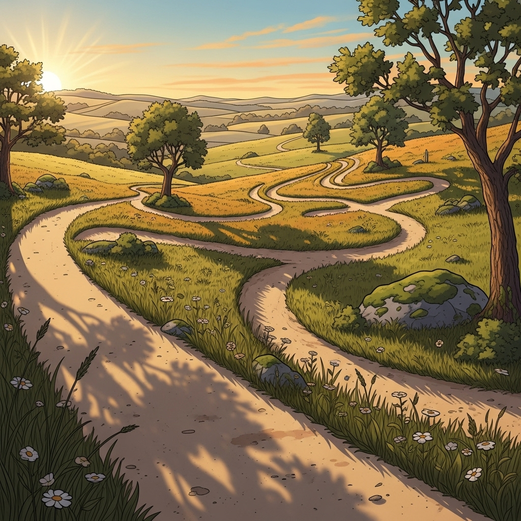 A serene landscape where a path symbolizing planned life diverges into many spontaneous, natural trails, illustrating the unexpected turns of life. Warm, natural light. Illustration style. No text.