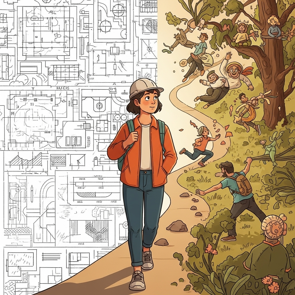 An illustration of a person walking on a path. On one side, there are meticulously drawn plans and blueprints. On the other, vibrant, natural spontaneous events unfold. The person is looking slightly off the planned path with a curious expression, embracing the blend of order and chaos. Clean, warm lighting. No text.
