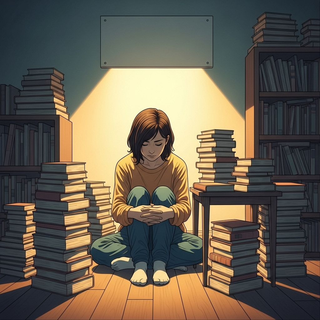 A contemplative person sitting in a quiet, warmly lit room, surrounded by symbolic elements of thought and knowledge, such as books and a subtle glow. The atmosphere is peaceful and introspective. Illustration style. No text.